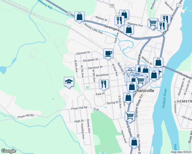 map of restaurants, bars, coffee shops, grocery stores, and more near 615 Broadway in Mechanicville
