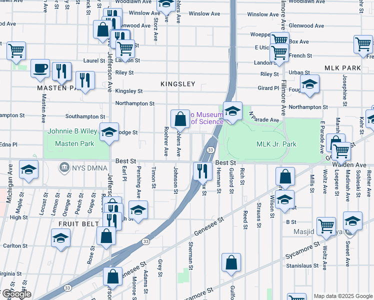 map of restaurants, bars, coffee shops, grocery stores, and more near 24 Norway Park in Buffalo