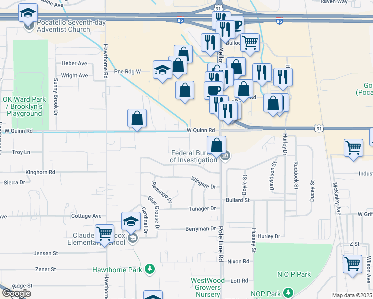 map of restaurants, bars, coffee shops, grocery stores, and more near 3941 Teal Avenue in Pocatello