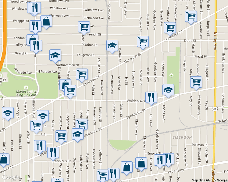 map of restaurants, bars, coffee shops, grocery stores, and more near 33 Wasmuth Avenue in Buffalo