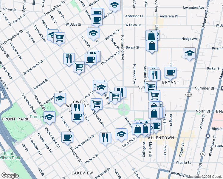 map of restaurants, bars, coffee shops, grocery stores, and more near 33 Ketchum Place in Buffalo