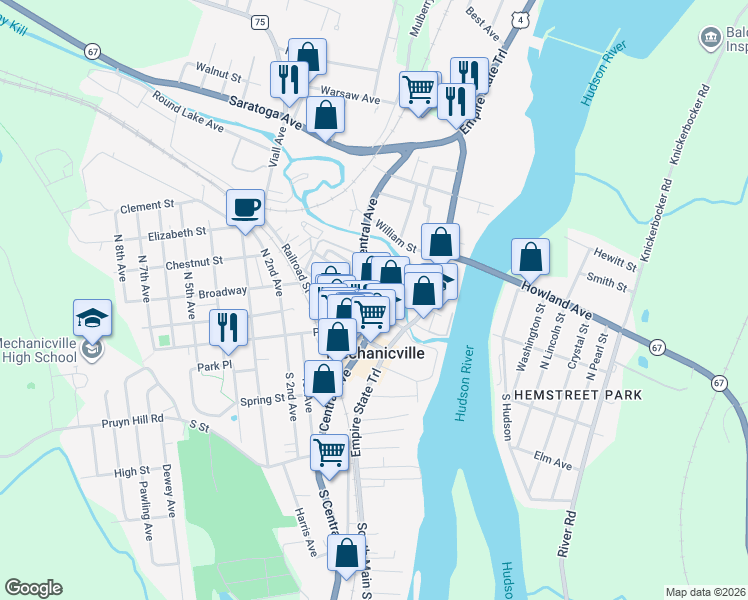 map of restaurants, bars, coffee shops, grocery stores, and more near 34 North Central Avenue in Mechanicville