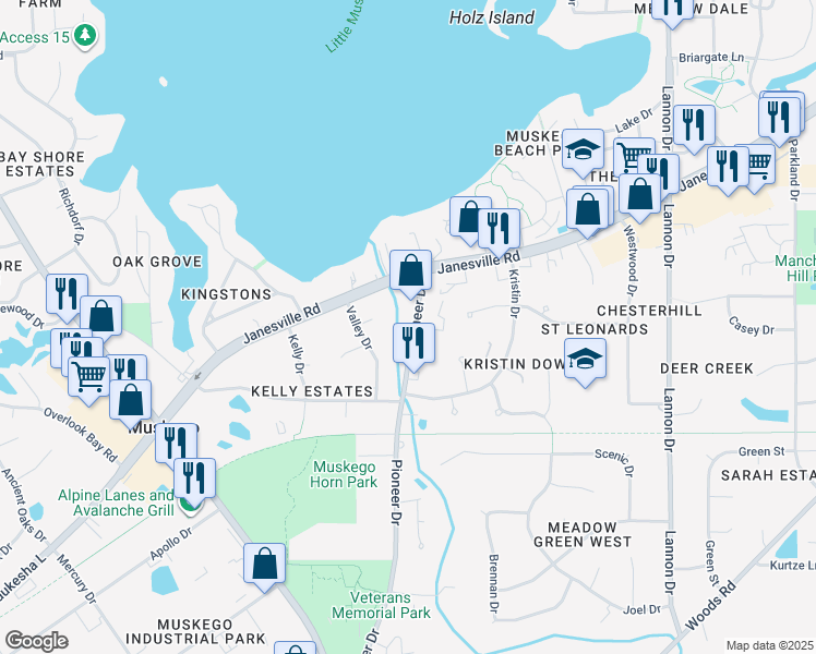map of restaurants, bars, coffee shops, grocery stores, and more near W180S7737 Pioneer Drive in Muskego