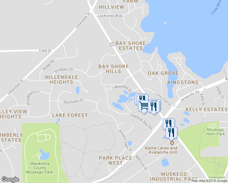 map of restaurants, bars, coffee shops, grocery stores, and more near S77W19432 Lakewood Drive in Muskego