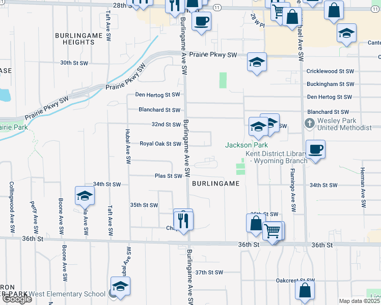 map of restaurants, bars, coffee shops, grocery stores, and more near 3260 Burlingame Avenue Southwest in Wyoming