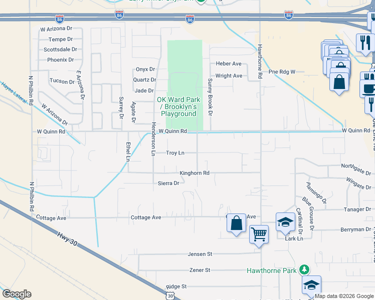map of restaurants, bars, coffee shops, grocery stores, and more near 1444 Troy Lane in Pocatello