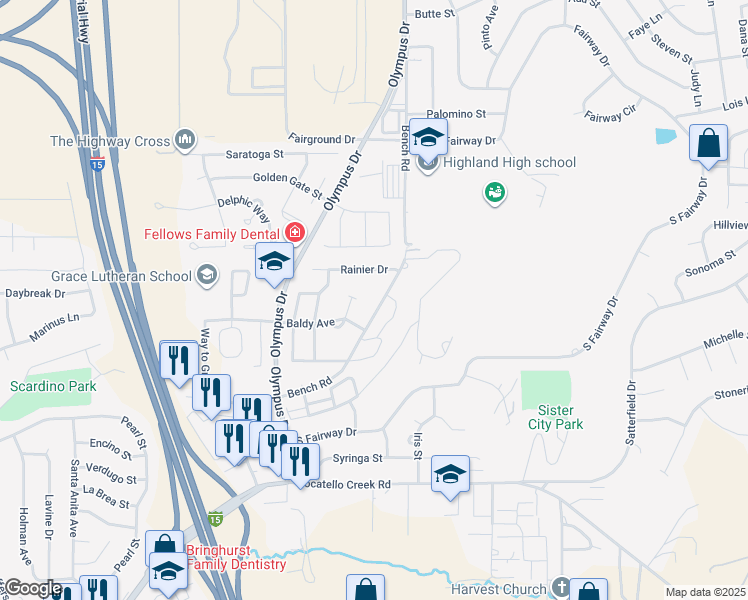map of restaurants, bars, coffee shops, grocery stores, and more near 1655 Pocatello Bench Rd in Pocatello