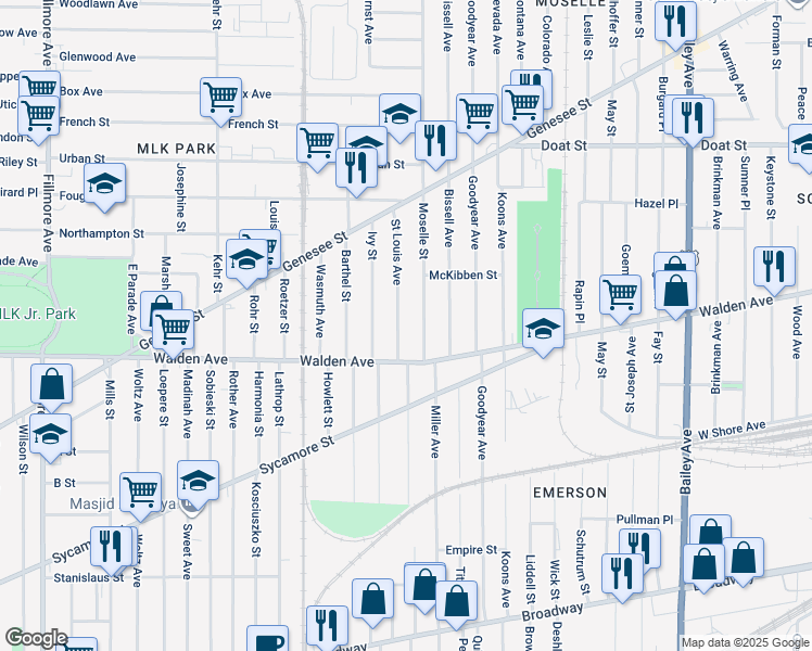map of restaurants, bars, coffee shops, grocery stores, and more near 35 Saint Louis Avenue in Buffalo