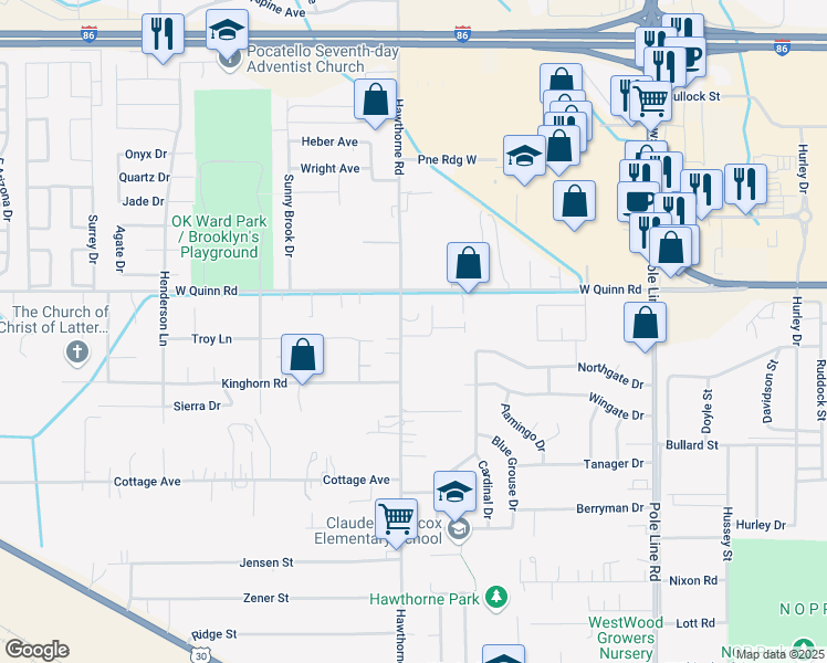 map of restaurants, bars, coffee shops, grocery stores, and more near 3954 Hawthorne Road in Pocatello