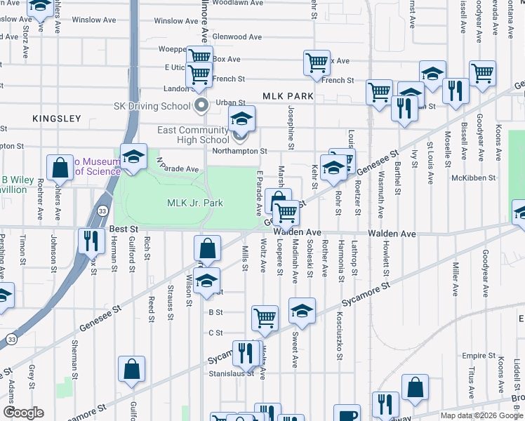 map of restaurants, bars, coffee shops, grocery stores, and more near 35 East Parade Avenue in Buffalo