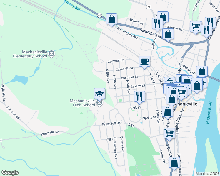 map of restaurants, bars, coffee shops, grocery stores, and more near 1000 Broadway in Mechanicville