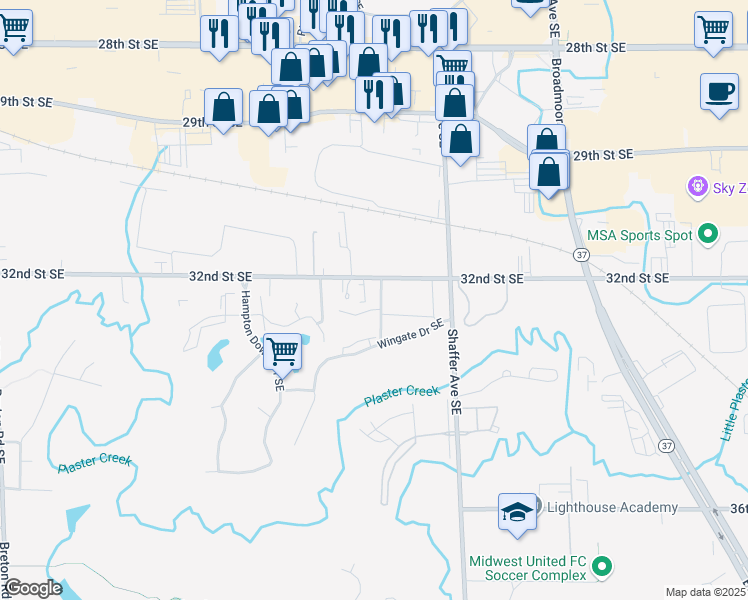 map of restaurants, bars, coffee shops, grocery stores, and more near 3221 Coach Lane Southeast in Kentwood