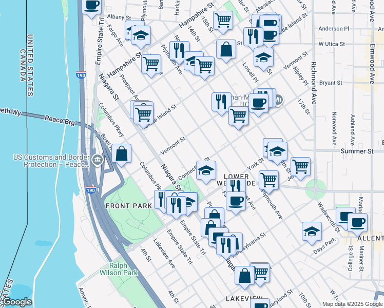 map of restaurants, bars, coffee shops, grocery stores, and more near 296 Fargo Avenue in Buffalo