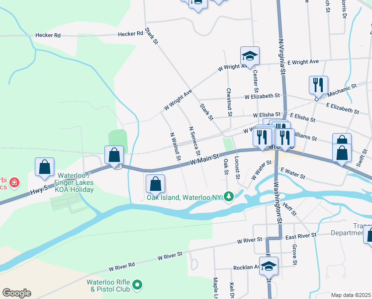 map of restaurants, bars, coffee shops, grocery stores, and more near 305 W Williams St in Waterloo