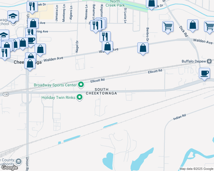 map of restaurants, bars, coffee shops, grocery stores, and more near 3650 Broadway in Buffalo