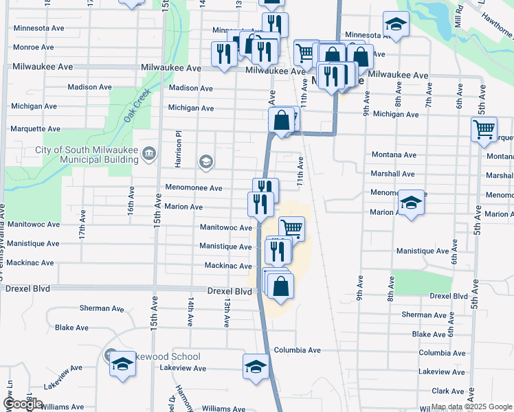 map of restaurants, bars, coffee shops, grocery stores, and more near 2616 South Chicago Avenue in South Milwaukee
