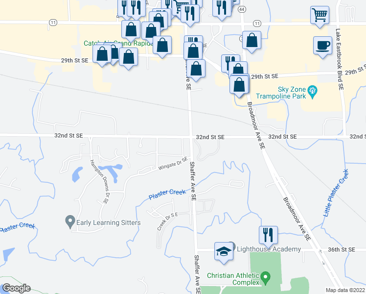 map of restaurants, bars, coffee shops, grocery stores, and more near 3158 32nd Street Southeast in Grand Rapids
