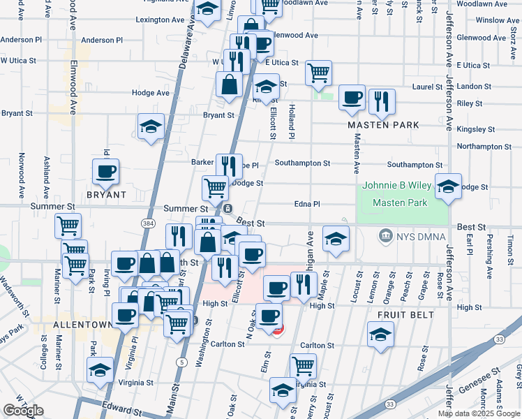 map of restaurants, bars, coffee shops, grocery stores, and more near 973 Ellicott Street in Buffalo