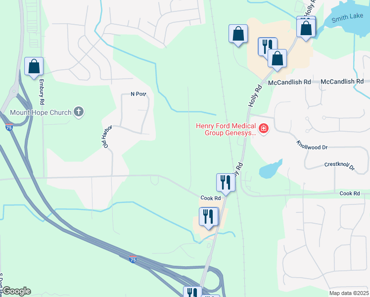 map of restaurants, bars, coffee shops, grocery stores, and more near 8412 Rondale Drive in Grand Blanc