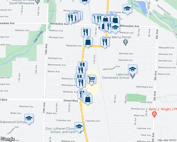 map of restaurants, bars, coffee shops, grocery stores, and more near 1116 Marion Avenue in South Milwaukee