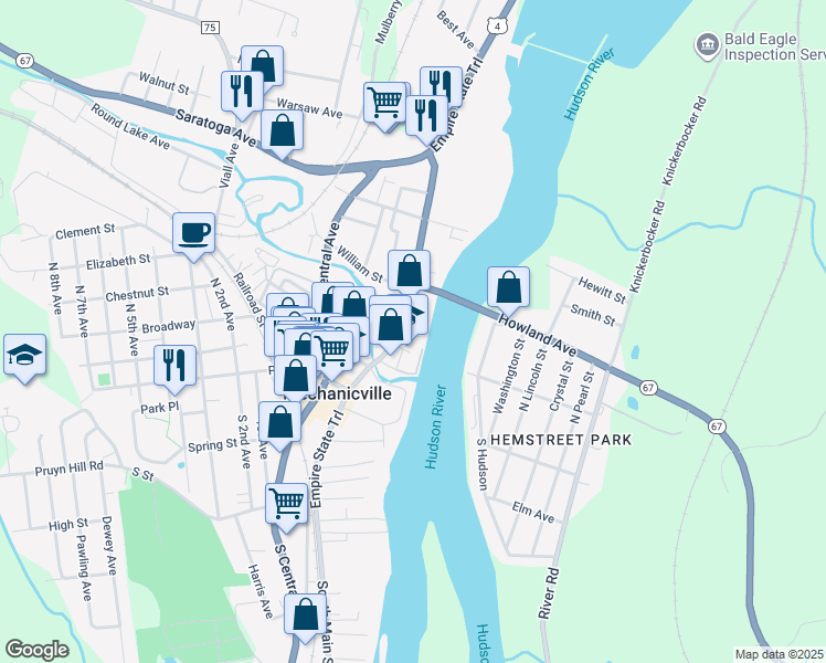 map of restaurants, bars, coffee shops, grocery stores, and more near 60 North Main Street in Mechanicville
