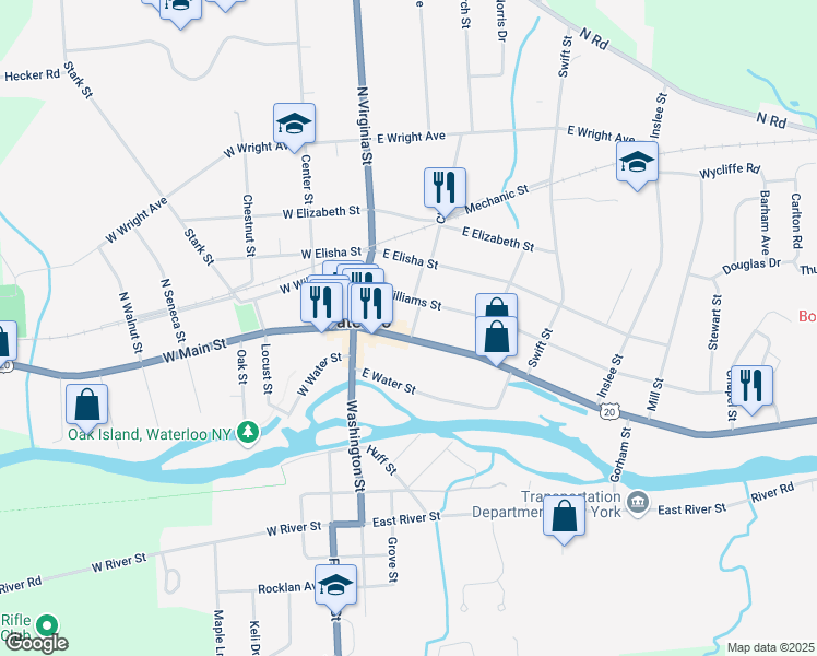 map of restaurants, bars, coffee shops, grocery stores, and more near 105 East Main Street in Waterloo