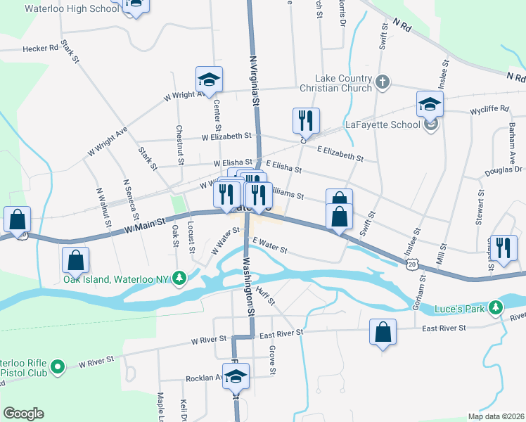 map of restaurants, bars, coffee shops, grocery stores, and more near 27 East Main Street in Waterloo