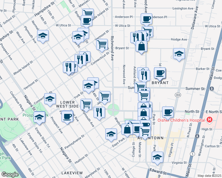 map of restaurants, bars, coffee shops, grocery stores, and more near 92 Richmond Avenue in Buffalo