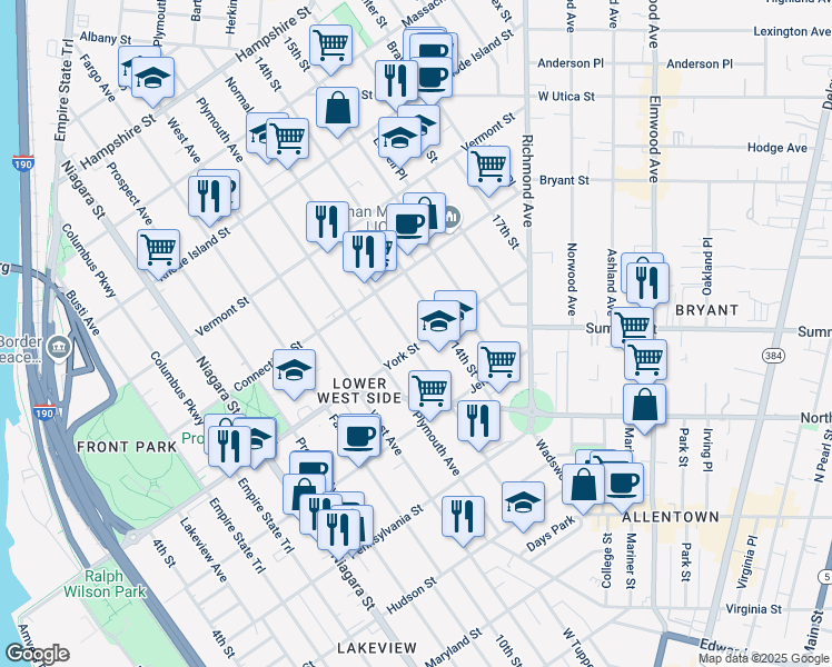 map of restaurants, bars, coffee shops, grocery stores, and more near 80 York Street in Buffalo