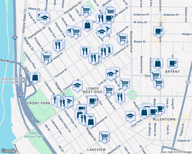 map of restaurants, bars, coffee shops, grocery stores, and more near 233 Plymouth Avenue in Buffalo