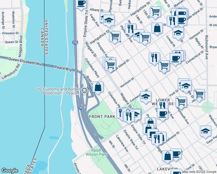 map of restaurants, bars, coffee shops, grocery stores, and more near 768 Columbus Parkway in Buffalo