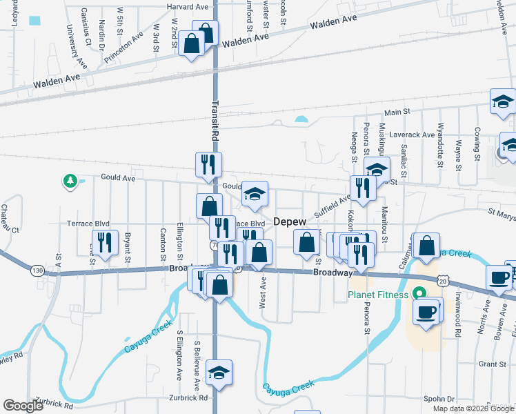map of restaurants, bars, coffee shops, grocery stores, and more near 74 Westfield Avenue in Depew