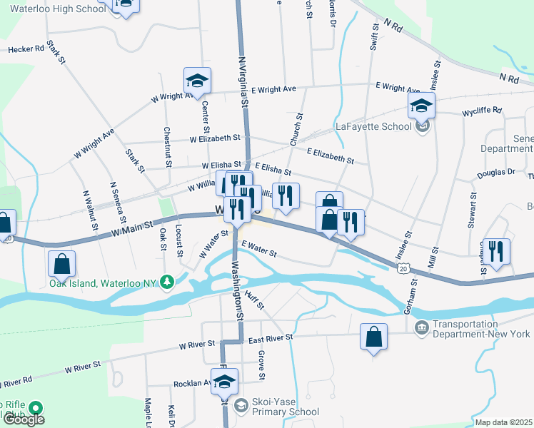 map of restaurants, bars, coffee shops, grocery stores, and more near 35 East Main Street in Waterloo