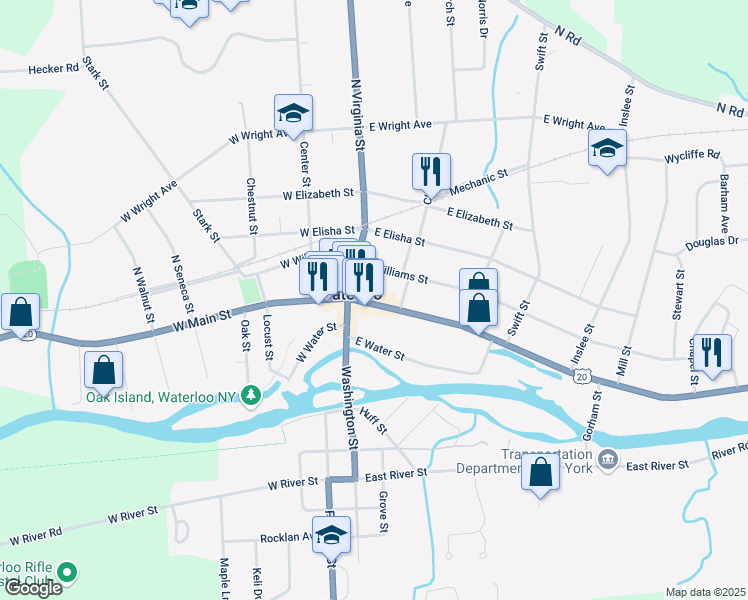 map of restaurants, bars, coffee shops, grocery stores, and more near 27 East Main Street in Waterloo