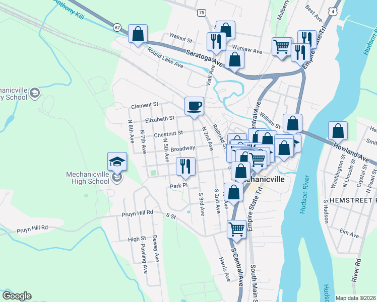 map of restaurants, bars, coffee shops, grocery stores, and more near 511 Broadway in Mechanicville