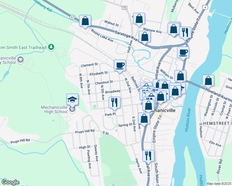 map of restaurants, bars, coffee shops, grocery stores, and more near 511 Broadway in Mechanicville