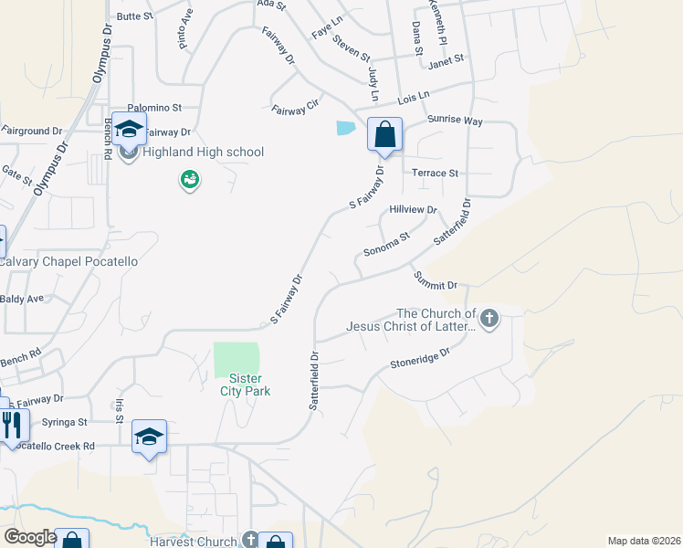 map of restaurants, bars, coffee shops, grocery stores, and more near 1509 Partridge Cove in Pocatello