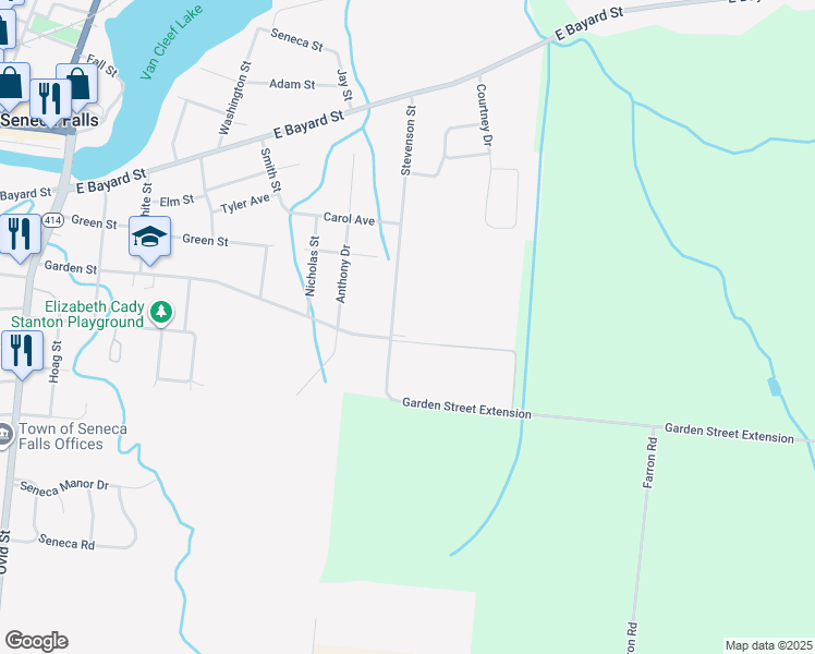 map of restaurants, bars, coffee shops, grocery stores, and more near 57 Stevenson Street in Seneca Falls