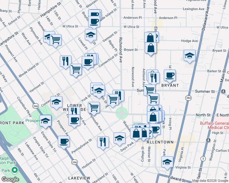 map of restaurants, bars, coffee shops, grocery stores, and more near 33 Ketchum Place in Buffalo
