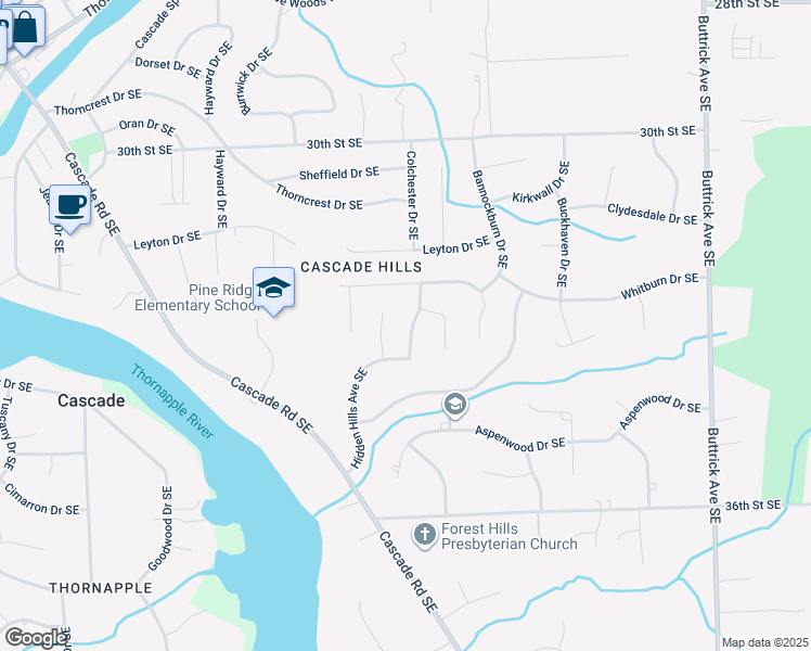 map of restaurants, bars, coffee shops, grocery stores, and more near 3293 Hidden Hills Avenue Southeast in Grand Rapids