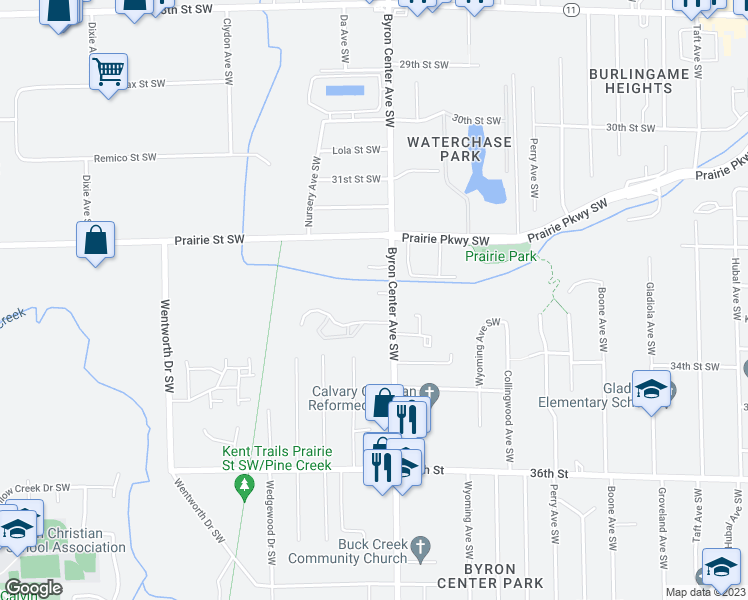 map of restaurants, bars, coffee shops, grocery stores, and more near 3315 Byron Center Avenue Southwest in Wyoming