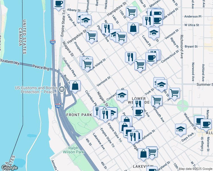 map of restaurants, bars, coffee shops, grocery stores, and more near 655 Prospect Avenue in Buffalo