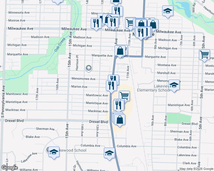 map of restaurants, bars, coffee shops, grocery stores, and more near 1206 Marion Avenue in South Milwaukee