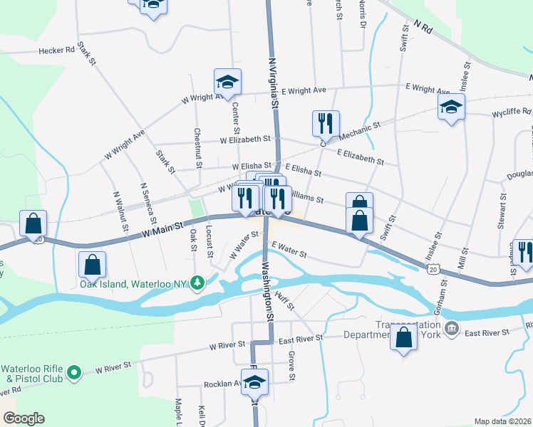 map of restaurants, bars, coffee shops, grocery stores, and more near North Virginia Street & West Main Street in Waterloo