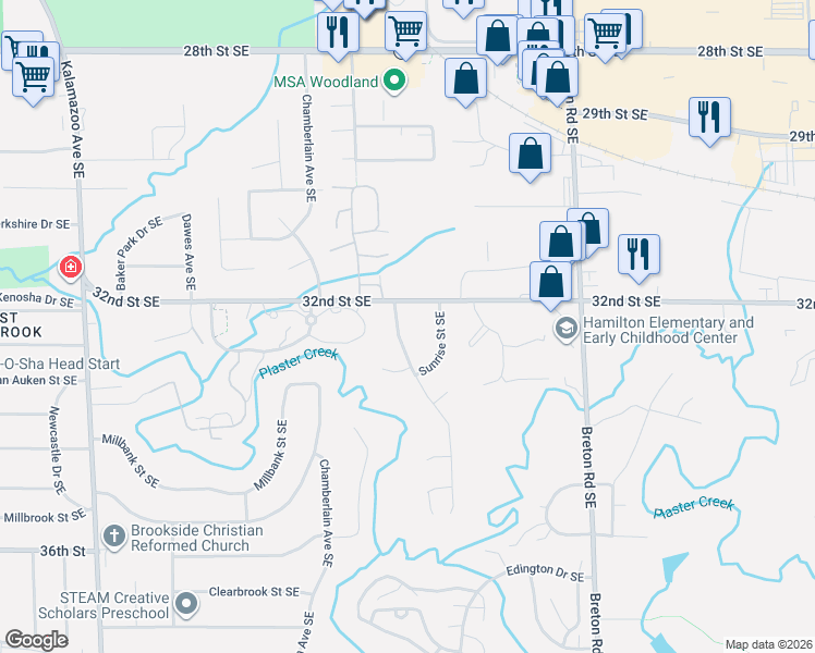 map of restaurants, bars, coffee shops, grocery stores, and more near 3223 Sunrise Street Southeast in Grand Rapids