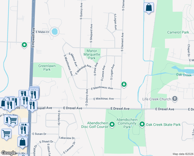 map of restaurants, bars, coffee shops, grocery stores, and more near 7707 South Lenox Avenue in Oak Creek