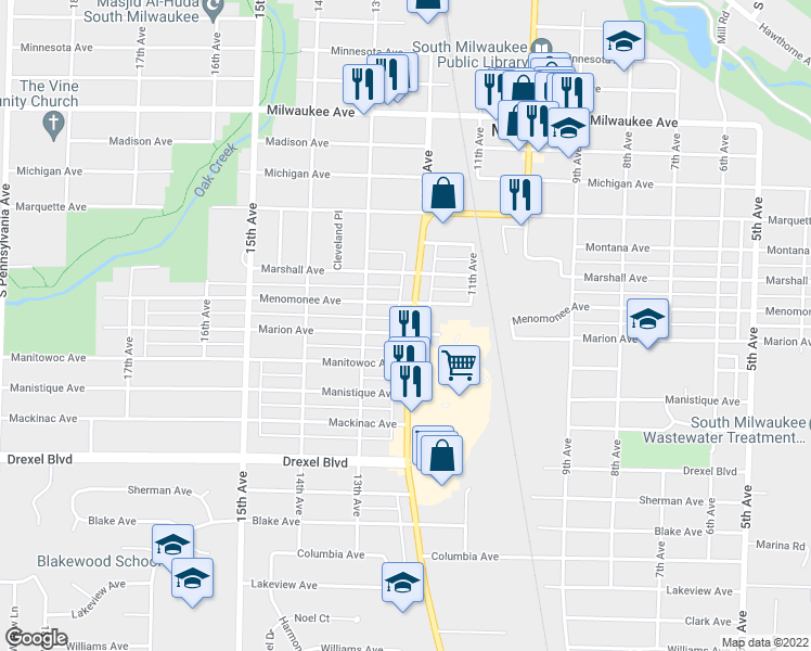 map of restaurants, bars, coffee shops, grocery stores, and more near 2614 South Chicago Avenue in South Milwaukee