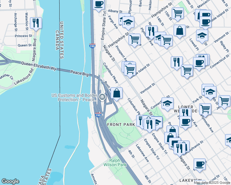 map of restaurants, bars, coffee shops, grocery stores, and more near 783 Busti Avenue in Buffalo
