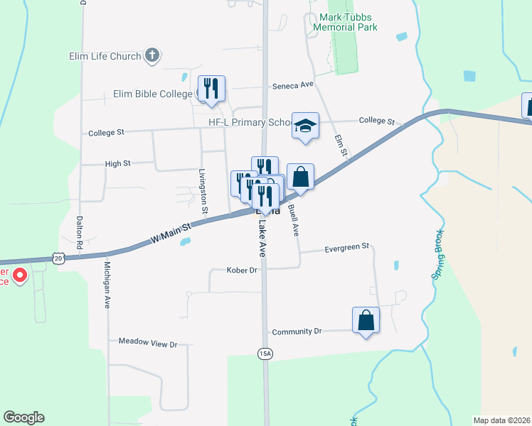 map of restaurants, bars, coffee shops, grocery stores, and more near 7304 East Main Street in Lima