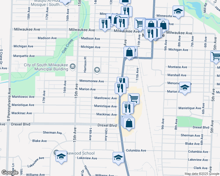 map of restaurants, bars, coffee shops, grocery stores, and more near 1226 Marion Avenue in South Milwaukee